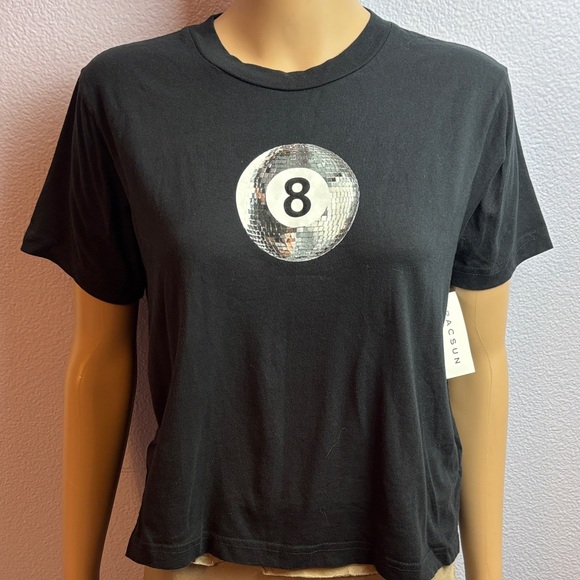 PacSun Black Tee with Lucky 8 Ball Disco Ball Silver Graphic Heavy Cotton - Picture 1 of 7
